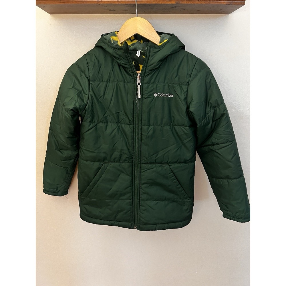 Columbia Reversible Puffer Jacket Hooded Boys 10/12 Camo Fleece vs Green Nylon